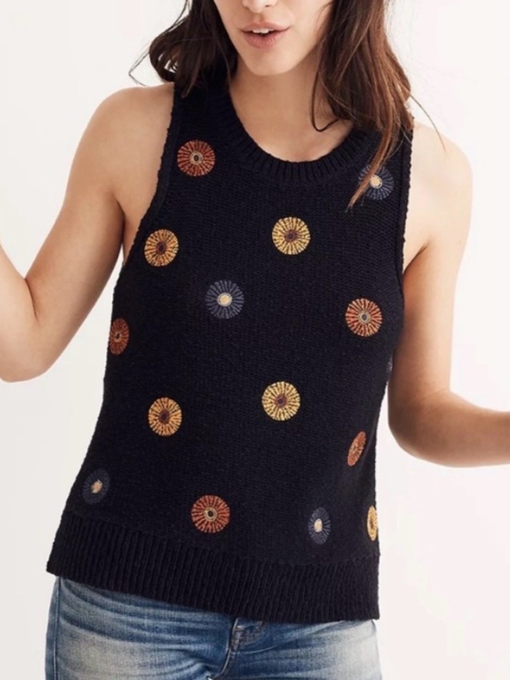 Madewell Navy Blue Sleeveless Knit Tank with Multicolor Embroidered Dots